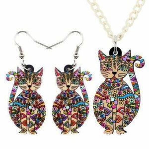Set 3 pieces Cat Earrings Necklace Jewelry Set 3 pieces Fashion  For Women Girls